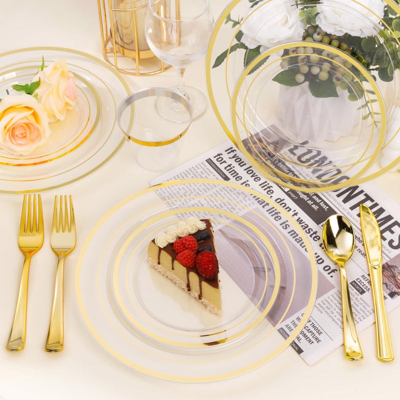 BESTSTAR 100PCS Clear Plastic Plates for Party, 10.25 Inch Disposable Plates with Gold Rim, Heavy Duty Dinner Plates for Wedding and Birthday - Image 5