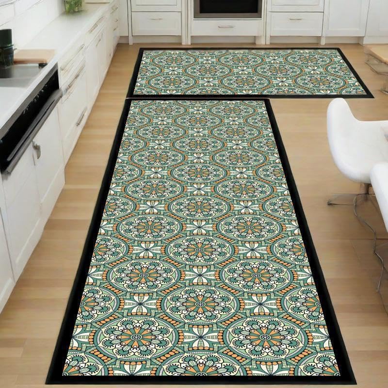 Xlot Kitchen Mats for Floor 2Pcs, Washable Anti Fatigue Mat for Cushioned, 15.7"x23.6"+15.7"x47.2", Waterproof Kitchen Rugs, Non Slip Comfort Standing Mat Rug for Home, Sink, Laundry (Boho series green) - Image 3