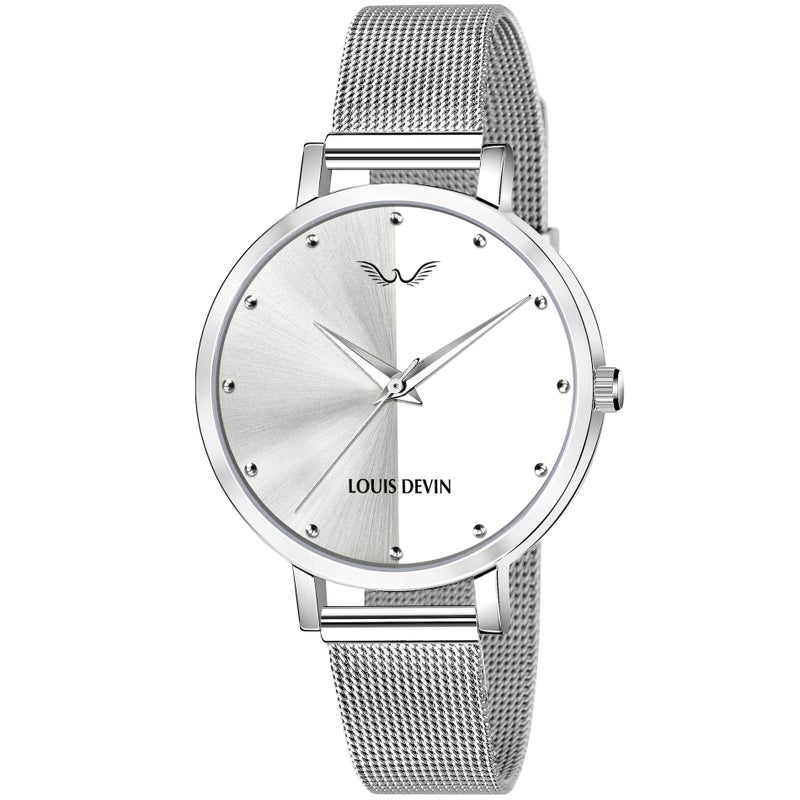 LOUIS DEVIN Stainless Steel Ld-L144-Slv-Ch Mesh Steel Chain Analog Wrist Watch for Women, Silver Dial, Silver Band - Image 5