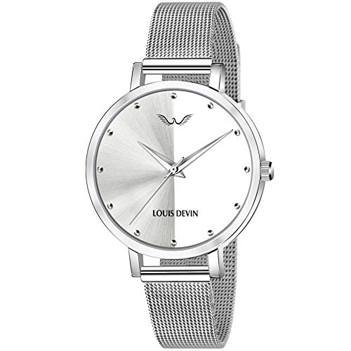 LOUIS DEVIN Stainless Steel Ld-L144-Slv-Ch Mesh Steel Chain Analog Wrist Watch for Women, Silver Dial, Silver Band - Image 1