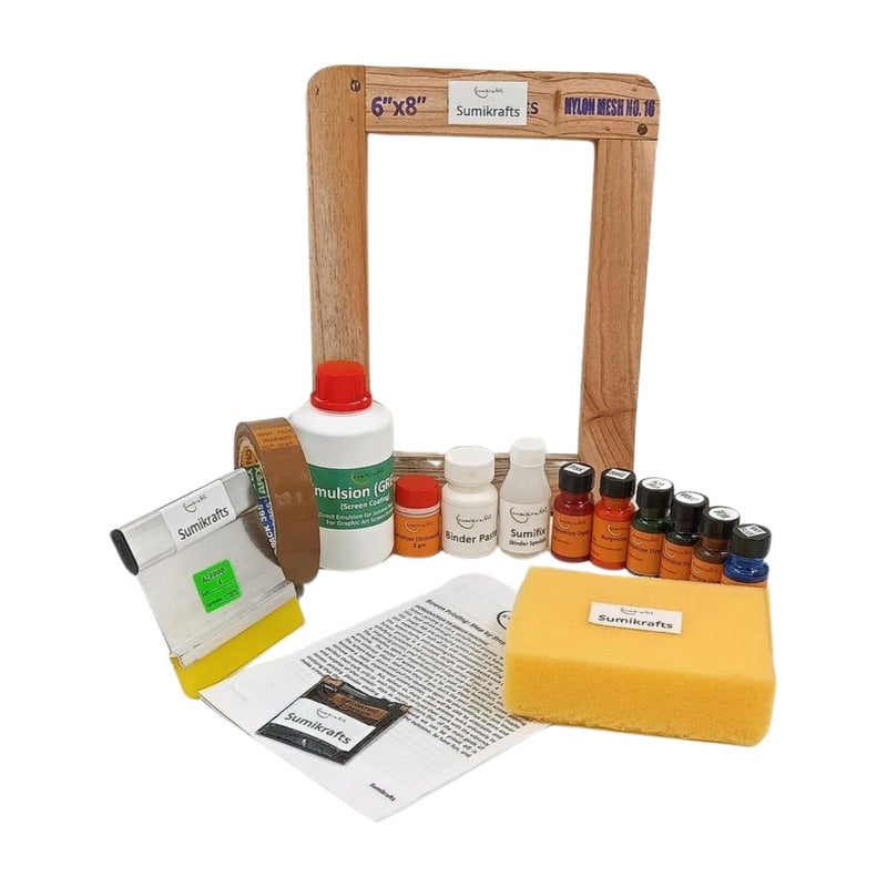 sumikrafts sumikrafts Screen Printing kit for Beginners 6 Assorted Pigment Dyes Screen Printing Wooden Frame Small 6x8 pre Stretched mesh no 16 Option 7