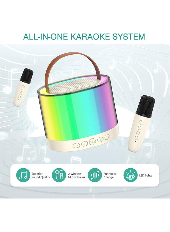 Mini Karaoke Machine for Adults Kids, Portable Bluetooth Karaoke Speaker with 3.5 Full-Range Speaker and Colorful LED Lights, Support USB/TF Card/AUX (Beige-2Mic) - Image 2