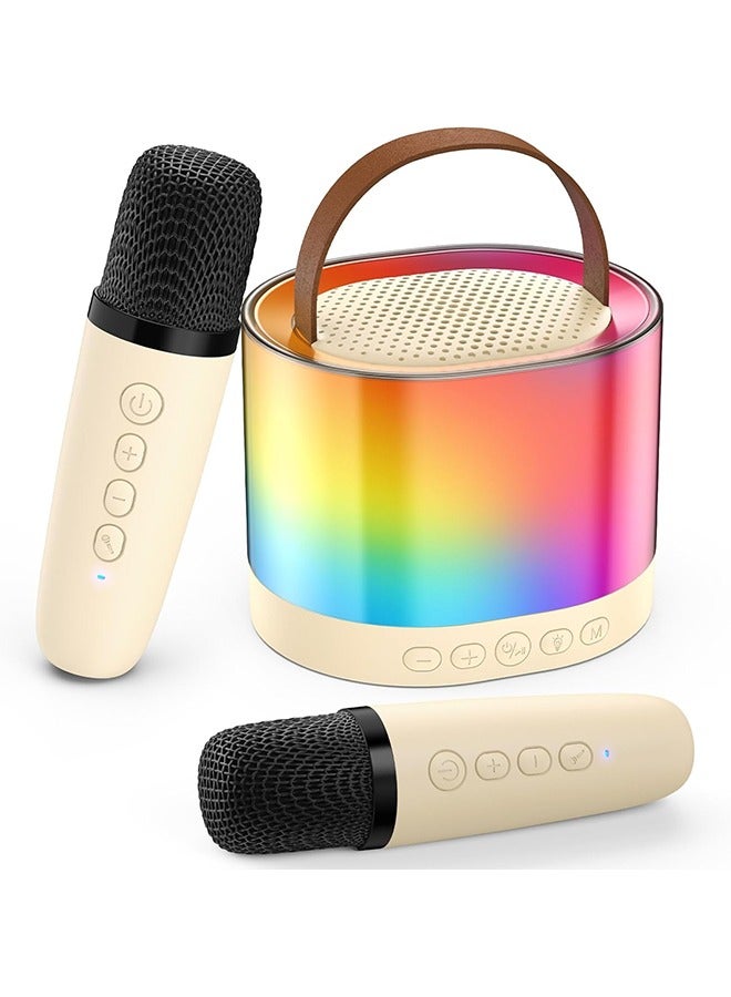 Mini Karaoke Machine for Adults Kids, Portable Bluetooth Karaoke Speaker with 3.5 Full-Range Speaker and Colorful LED Lights, Support USB/TF Card/AUX (Beige-2Mic) - Image 1