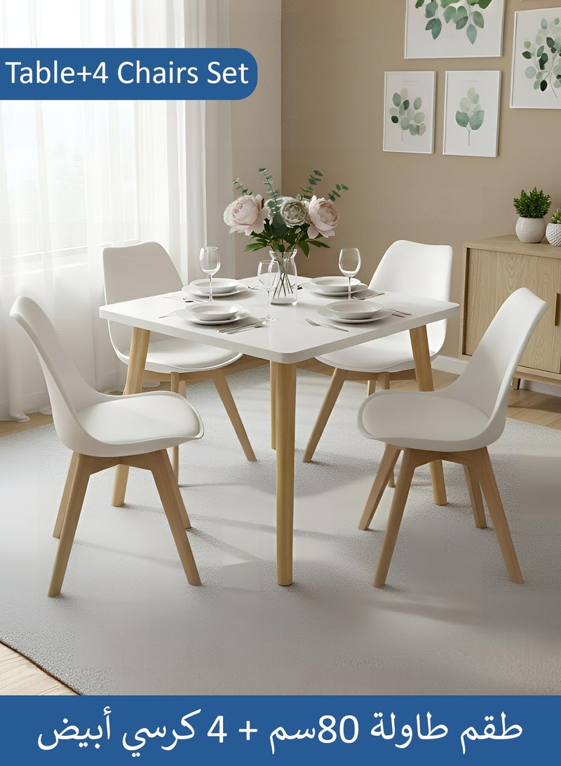 Taimi 5-Piece Dining Set, Modern Square Dining Table with 4 Elegant Chairs | Solid White Wood Table 80x80x72cm with 4 White Mid Century Soft Padded Seats and Wooden Legs - Image 1