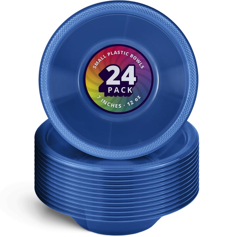 DecorRack 24 Small Plastic Bowls  7 inch Disposable Popcorn  Soup  and Salad Bowls  Kids Birthday and Holiday Party Supplies  Fruit Snack Serving Bowl 12 oz  Blue (Pack of 24) - Image 1