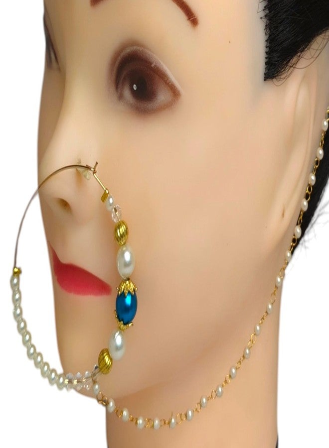 SUN SHINE Traditional Pearl Nose Ring Nath, Gold Tone with Blue Stone, Indian Bridal Jewelry - Image 3