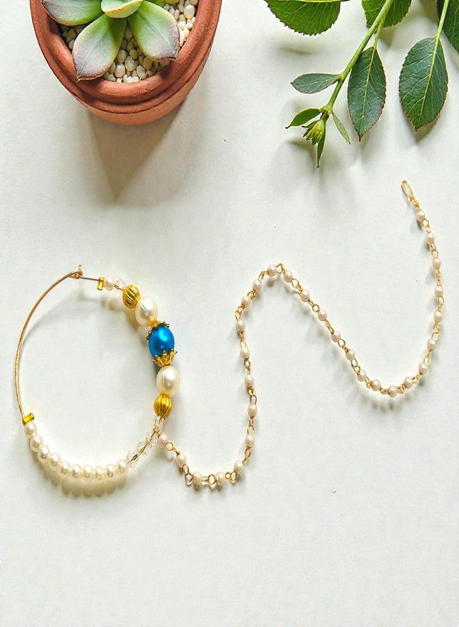 SUN SHINE Traditional Pearl Nose Ring Nath, Gold Tone with Blue Stone, Indian Bridal Jewelry - Image 4