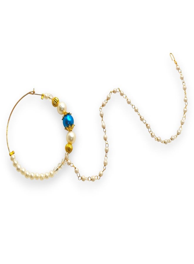SUN SHINE Traditional Pearl Nose Ring Nath, Gold Tone with Blue Stone, Indian Bridal Jewelry - Image 1