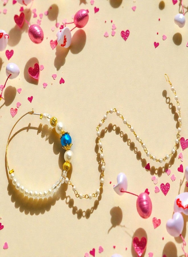 SUN SHINE Traditional Pearl Nose Ring Nath, Gold Tone with Blue Stone, Indian Bridal Jewelry - Image 2