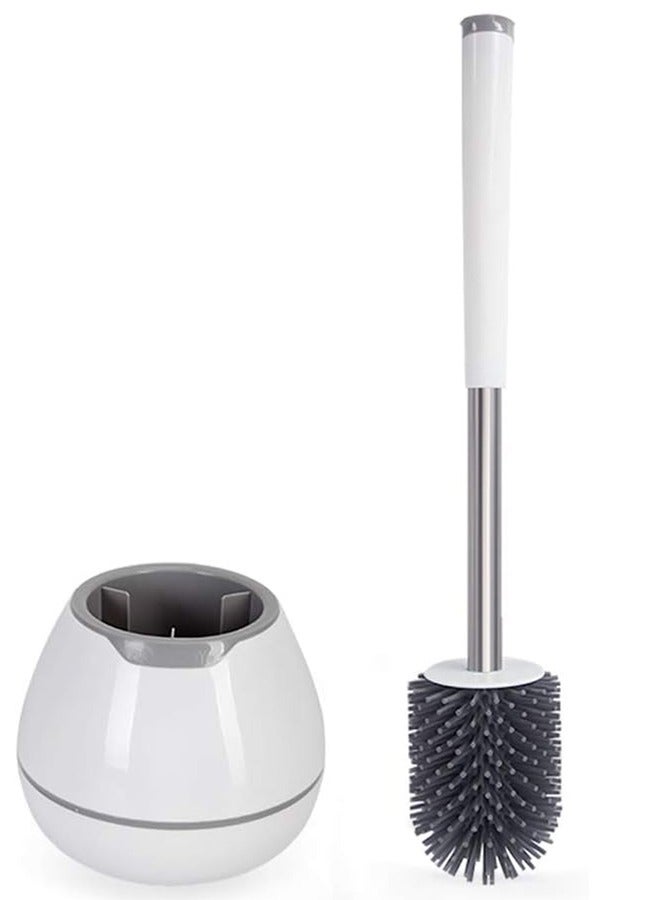 Toilet Brush and Holder, Silicone Toilet Bowl Cleaner Brush, Bathroom Cleaning Bowl Brush Kit with Tweezers, Bathroom Accessories with Aluminum Handle - White - Image 1