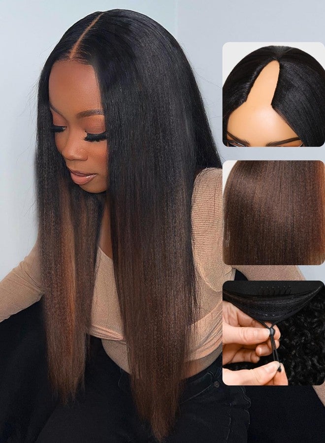 Nadula Hair V Part Yaki Straight Glueless Wig Human Hair Balayage Brown Upgraded U Part Wigs, Highlight Straight V-part Wigs V Shape Clip in Half Wig No Glue Wear and Go No Leave Out 16inch - Image 2