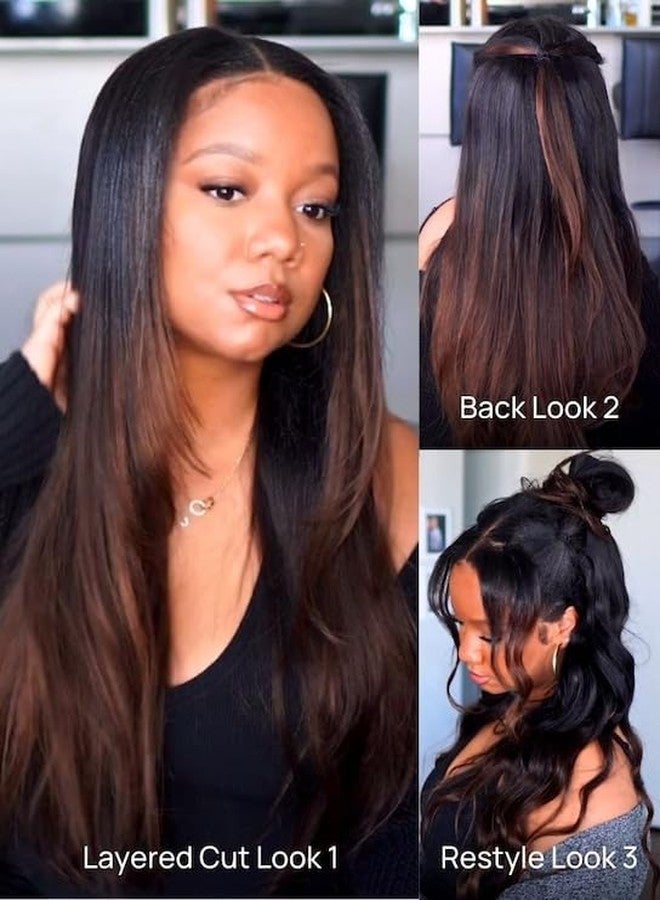 Nadula Hair V Part Yaki Straight Glueless Wig Human Hair Balayage Brown Upgraded U Part Wigs, Highlight Straight V-part Wigs V Shape Clip in Half Wig No Glue Wear and Go No Leave Out 16inch - Image 4