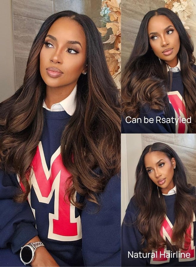 Nadula Hair V Part Yaki Straight Glueless Wig Human Hair Balayage Brown Upgraded U Part Wigs, Highlight Straight V-part Wigs V Shape Clip in Half Wig No Glue Wear and Go No Leave Out 16inch - Image 3