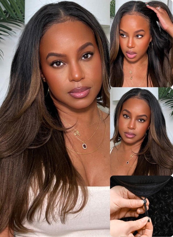Nadula Hair V Part Yaki Straight Glueless Wig Human Hair Balayage Brown Upgraded U Part Wigs, Highlight Straight V-part Wigs V Shape Clip in Half Wig No Glue Wear and Go No Leave Out 16inch - Image 1