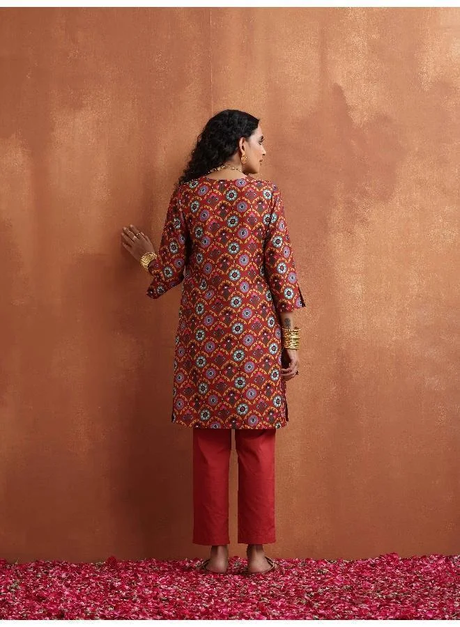 ترو برونز trueBrowns Rust Print Kurta Co-ord Set