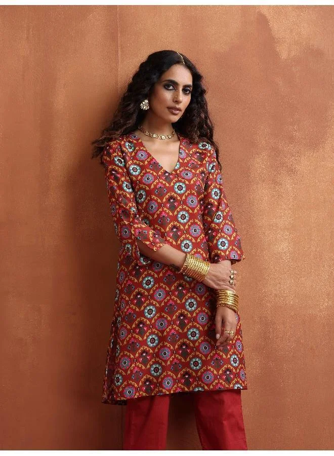 trueBrowns Rust Print Kurta Co-ord Set