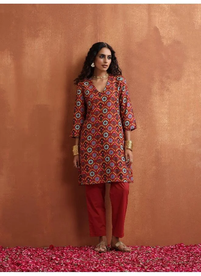 ترو برونز trueBrowns Rust Print Kurta Co-ord Set