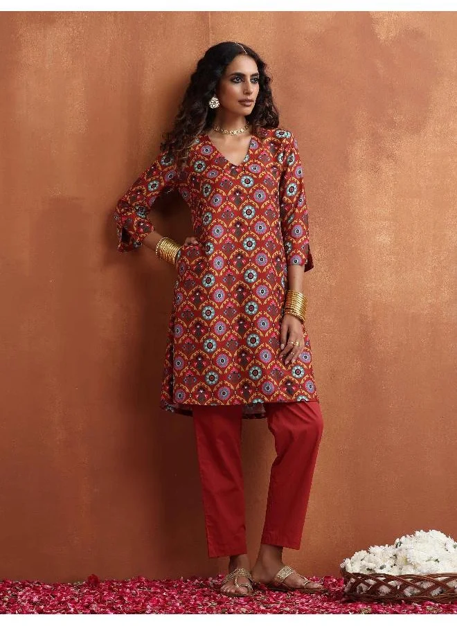 ترو برونز trueBrowns Rust Print Kurta Co-ord Set