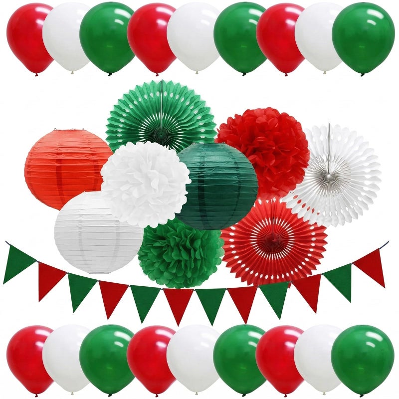 Meiduo 28Pcs Red Green White Party Decorations Set Italian Theme Party Decor with Paper Fans Lanterns Pom Poms Balloons for Dinner Birthday Mexican Fiesta and Christmas in July - Image 2