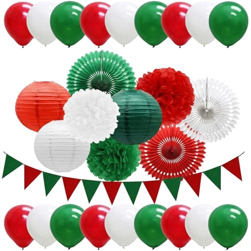 Meiduo 28Pcs Red Green White Party Decorations Set Italian Theme Party Decor with Paper Fans Lanterns Pom Poms Balloons for Dinner Birthday Mexican Fiesta and Christmas in July - Image 1