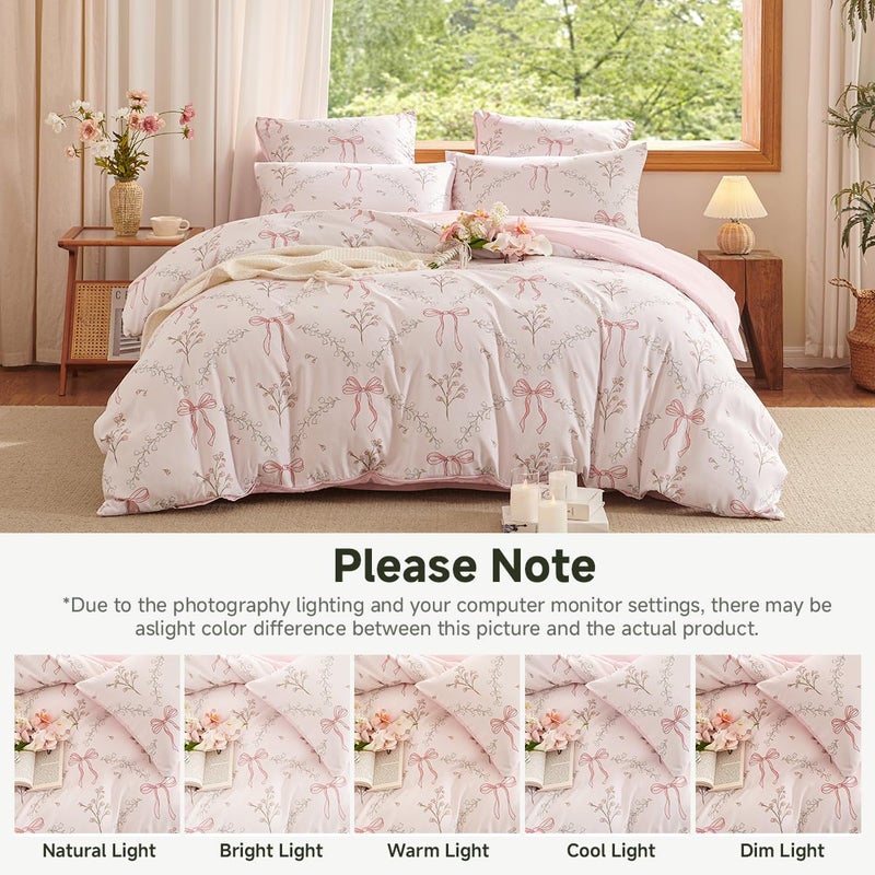 Erwinmu Pink Comforter Set Queen Size 3 Pieces,Pink Bow Floral Pattern Bedding Comforter Set Bed Set for Girls,Neutral Farmhouse Comforter Queen and 1 Pillowcase - Image 5