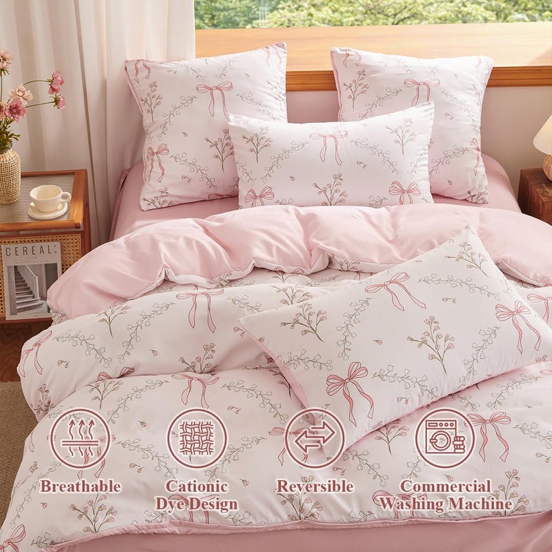 Erwinmu Pink Comforter Set Queen Size 3 Pieces,Pink Bow Floral Pattern Bedding Comforter Set Bed Set for Girls,Neutral Farmhouse Comforter Queen and 1 Pillowcase - Image 4