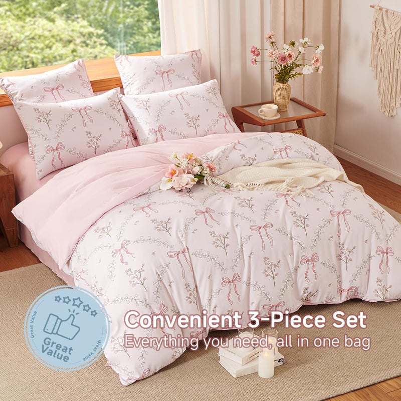 Erwinmu Pink Comforter Set Queen Size 3 Pieces,Pink Bow Floral Pattern Bedding Comforter Set Bed Set for Girls,Neutral Farmhouse Comforter Queen and 1 Pillowcase - Image 3