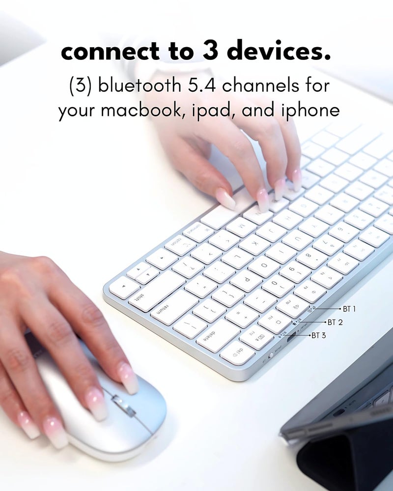Macally Apple Wireless Keyboard and Mouse for Mac - Dual Mode (Bluetooth + Wired) - Multi-Device, Rechargeable - Mini Wireless Keyboard and Mouse Combo for MacBook, iPad, Mac mini/Air/Pro (Silver) - Image 3