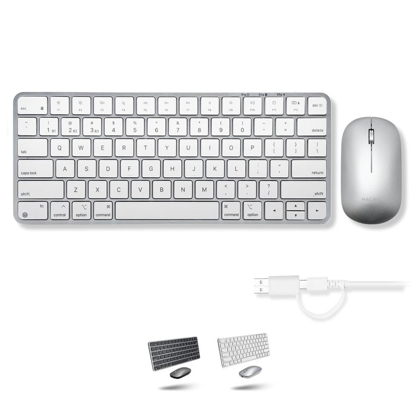 Macally Apple Wireless Keyboard and Mouse for Mac - Dual Mode (Bluetooth + Wired) - Multi-Device, Rechargeable - Mini Wireless Keyboard and Mouse Combo for MacBook, iPad, Mac mini/Air/Pro (Silver) - Image 1
