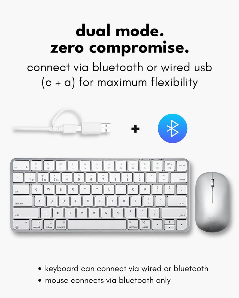 Macally Apple Wireless Keyboard and Mouse for Mac - Dual Mode (Bluetooth + Wired) - Multi-Device, Rechargeable - Mini Wireless Keyboard and Mouse Combo for MacBook, iPad, Mac mini/Air/Pro (Silver) - Image 2