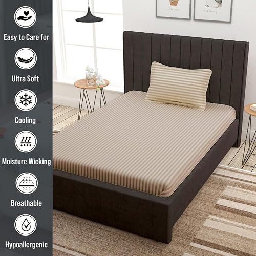 Filymore Satin Stripe Cream Bedsheet for Single Bed (90x60 inches) with One Pillow Covers, Made of 300 TC Microfiber Solid Satin Striped Design, Perfect for Single, Bed Size. - Image 4