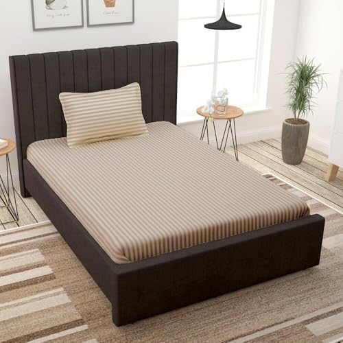 Filymore Satin Stripe Cream Bedsheet for Single Bed (90x60 inches) with One Pillow Covers, Made of 300 TC Microfiber Solid Satin Striped Design, Perfect for Single, Bed Size. - Image 1