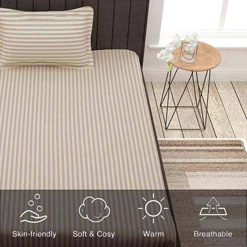 Filymore Satin Stripe Cream Bedsheet for Single Bed (90x60 inches) with One Pillow Covers, Made of 300 TC Microfiber Solid Satin Striped Design, Perfect for Single, Bed Size. - Image 3