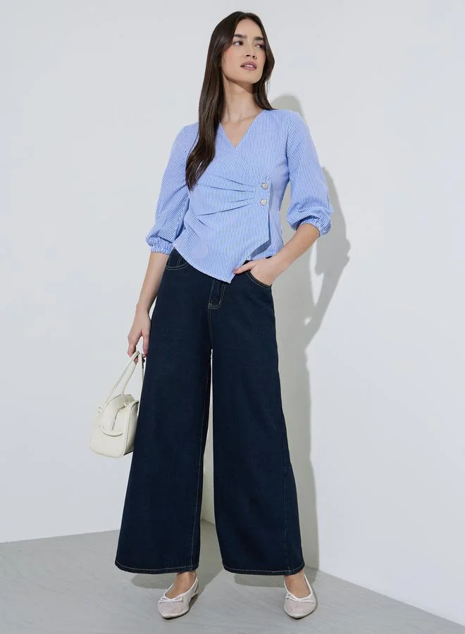 Styli Blue Striped Wrap Top with Button Detail