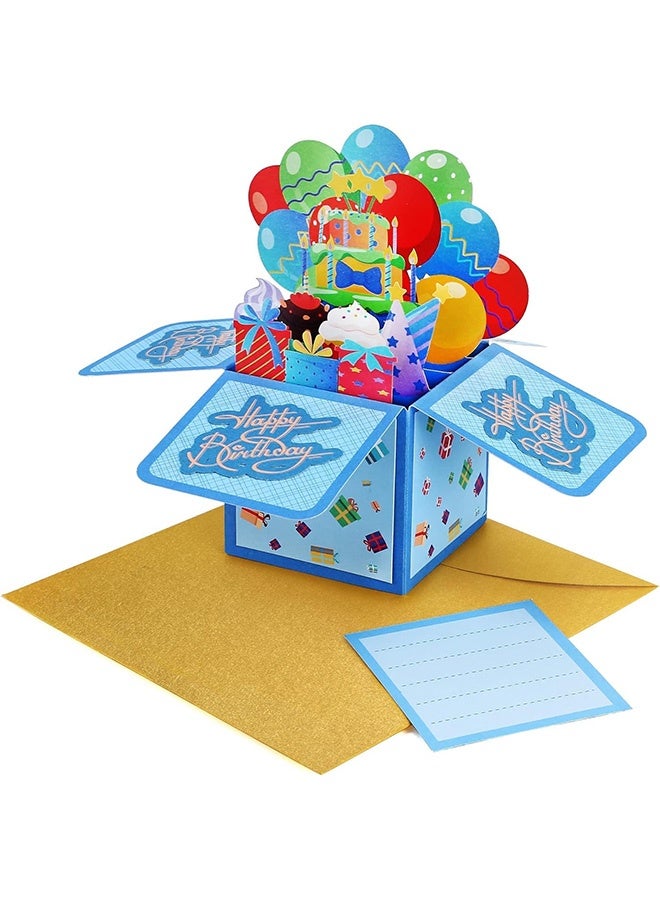 Peachjoy بطاقات عيد ميلاد سعيدة، بطاقة تهنئة عيد ميلاد ثلاثية الأبعاد، بطاقة عيد ميلاد منبثقة مع أظرف ووسم رسالة للنساء، الرجال، الأطفال، زرقاء - Image 1