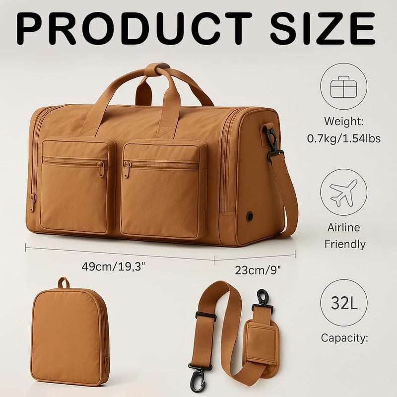 ALANX Gym Bag Travel Duffel Bag Foldable Sports Luggage with Shoes Compartment Weekender Water-Resistant Workout bag for Men and Women Perfect for Gym Travel Short Trips, Brown, Classic - Image 2
