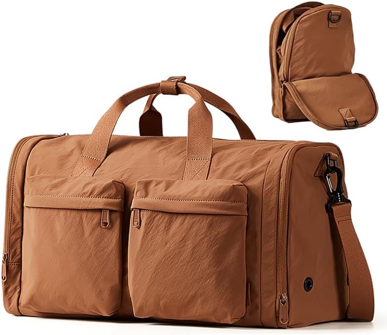 ALANX Gym Bag Travel Duffel Bag Foldable Sports Luggage with Shoes Compartment Weekender Water-Resistant Workout bag for Men and Women Perfect for Gym Travel Short Trips, Brown, Classic - Image 1