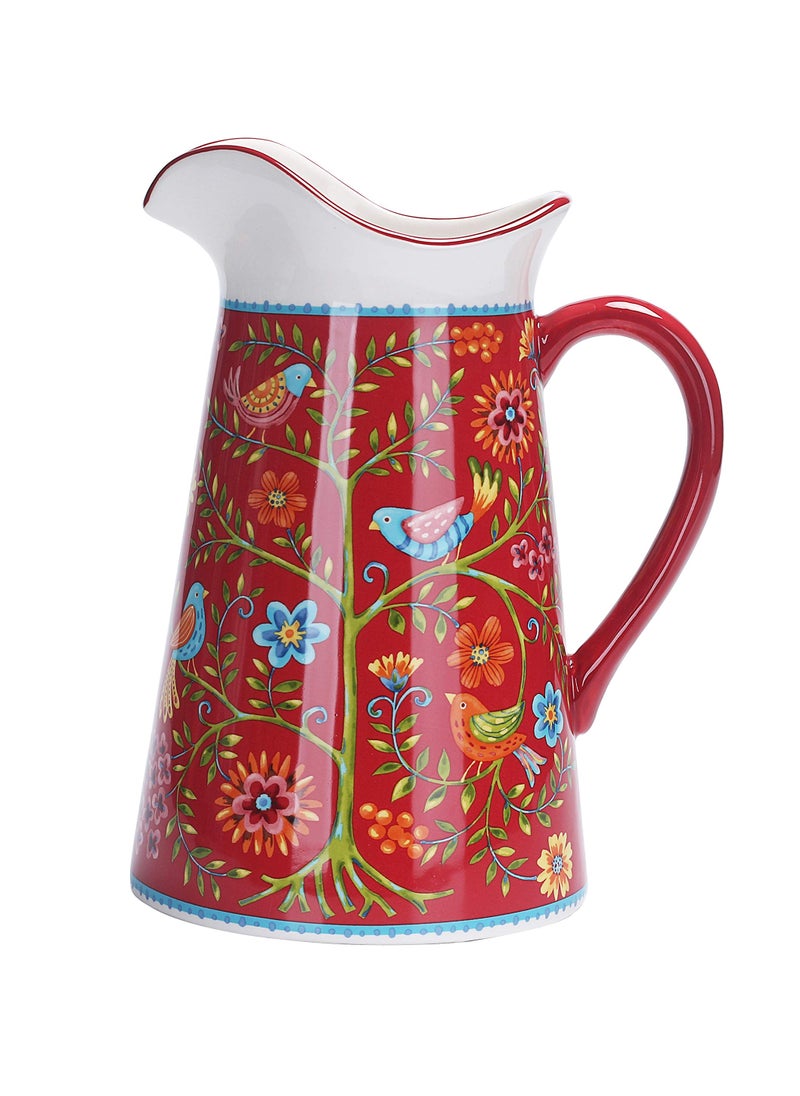 Bico Bico Red Spring Bird Ceramic 25 Quarts Pitcher with Handle Decorative Vase for Flower Arrangements Dishwasher Safe 