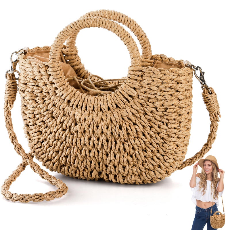 Noamus Women Straw Handbag, Mini Summer Beach Rattan Tote Bag, Woven Semi-circle Clutch Bag Handmade Purse, Small Crossbody Crochet Handbag with Top Handle for Travel Vacation - Image 1