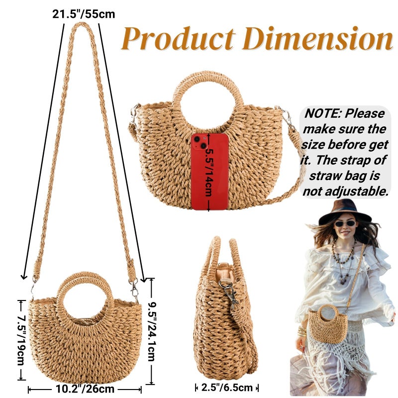 Noamus Women Straw Handbag, Mini Summer Beach Rattan Tote Bag, Woven Semi-circle Clutch Bag Handmade Purse, Small Crossbody Crochet Handbag with Top Handle for Travel Vacation - Image 4