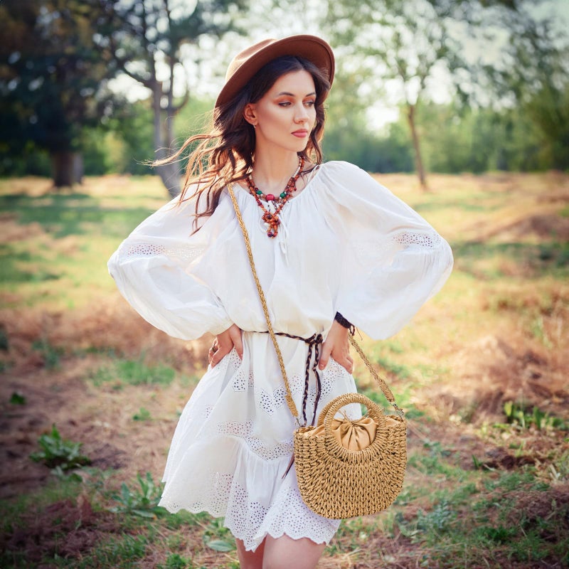 Noamus Women Straw Handbag, Mini Summer Beach Rattan Tote Bag, Woven Semi-circle Clutch Bag Handmade Purse, Small Crossbody Crochet Handbag with Top Handle for Travel Vacation - Image 2