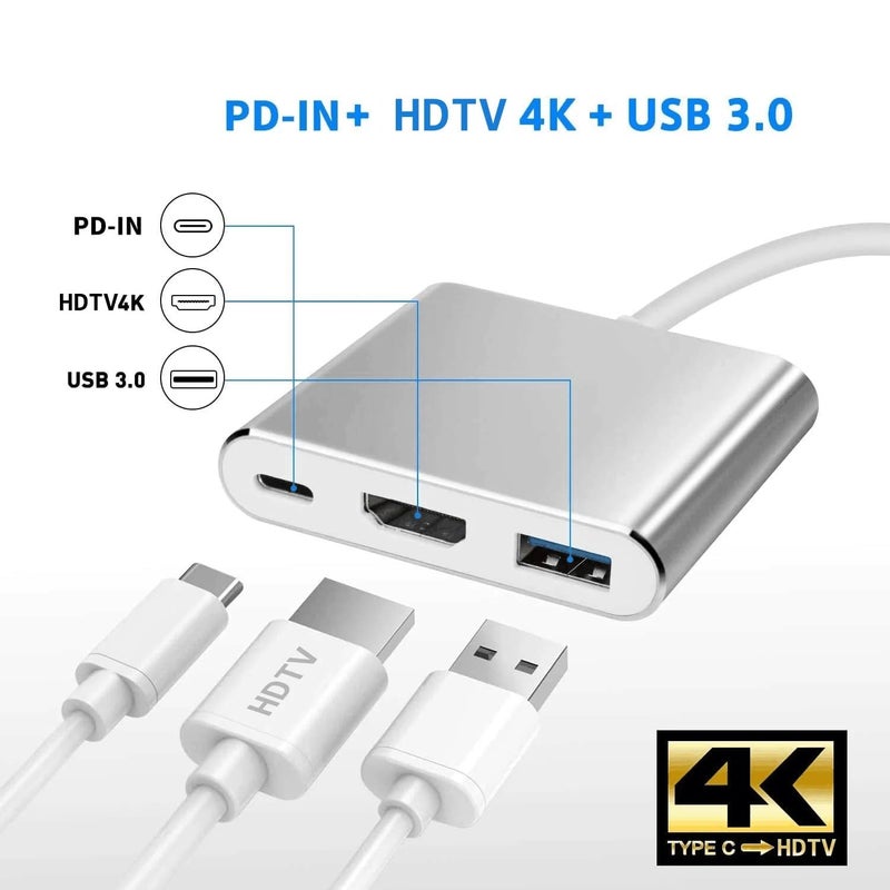 ZERO 3IN1 TYPE-C Adapter Support HDMI and USB 3.0 with PD – Ultra Fast 4K Connectivity – Silver - Image 3