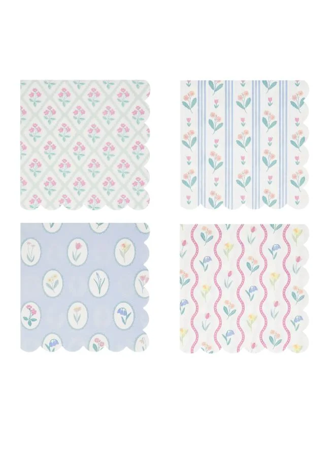 Bloomsbury Floral Pattern Large Napkins - Pack of 16, 3-Ply Paper Napkins with 4 Soft Pastel Floral Designs, Stylish Party Tableware for Garden Parties, Baby Showers & Celebrations