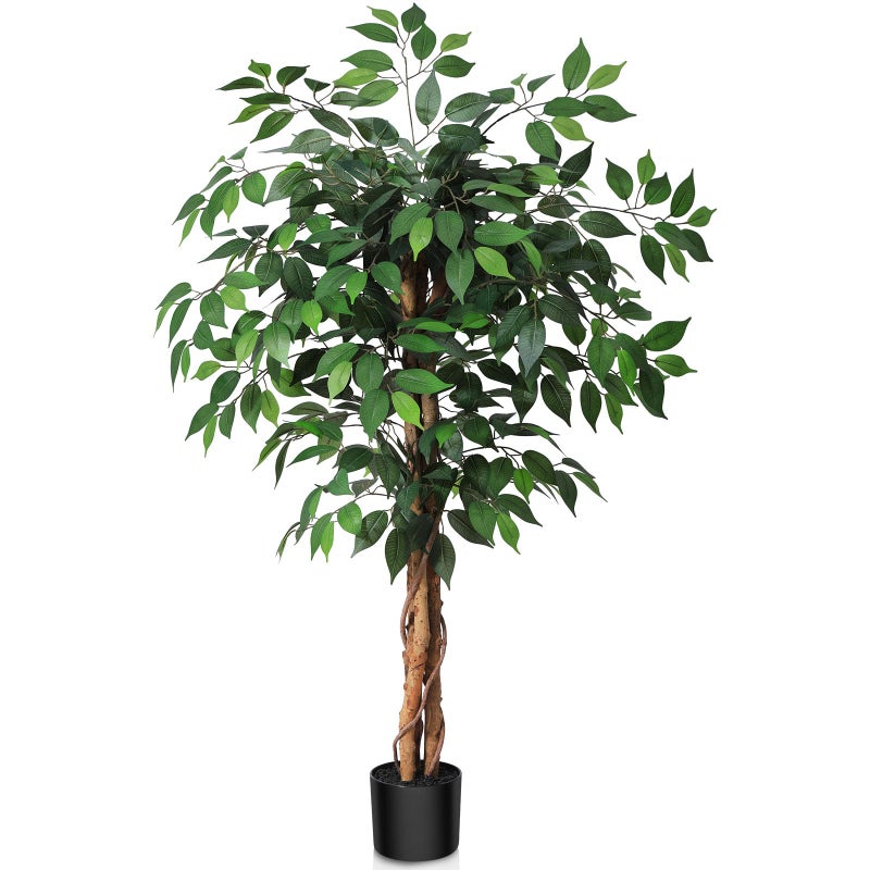 SOGUYI SOGUYI 4ft Artificial Ficus Tree with Natural Wood Trunk Silk Fake Ficus Tree in Plastic Nursery Pot Faux Plant for Office Home Indoor Outdoor Decor 1 Pack 