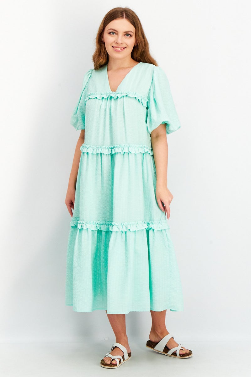 YAS Women Textured Puff Sleeve Midi Dress, Turquoise - Image 1