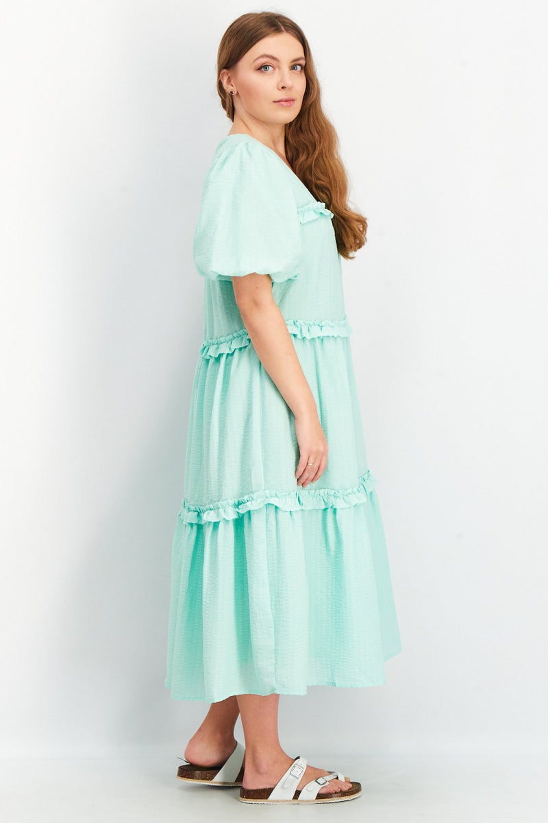 YAS Women Textured Puff Sleeve Midi Dress, Turquoise - Image 3