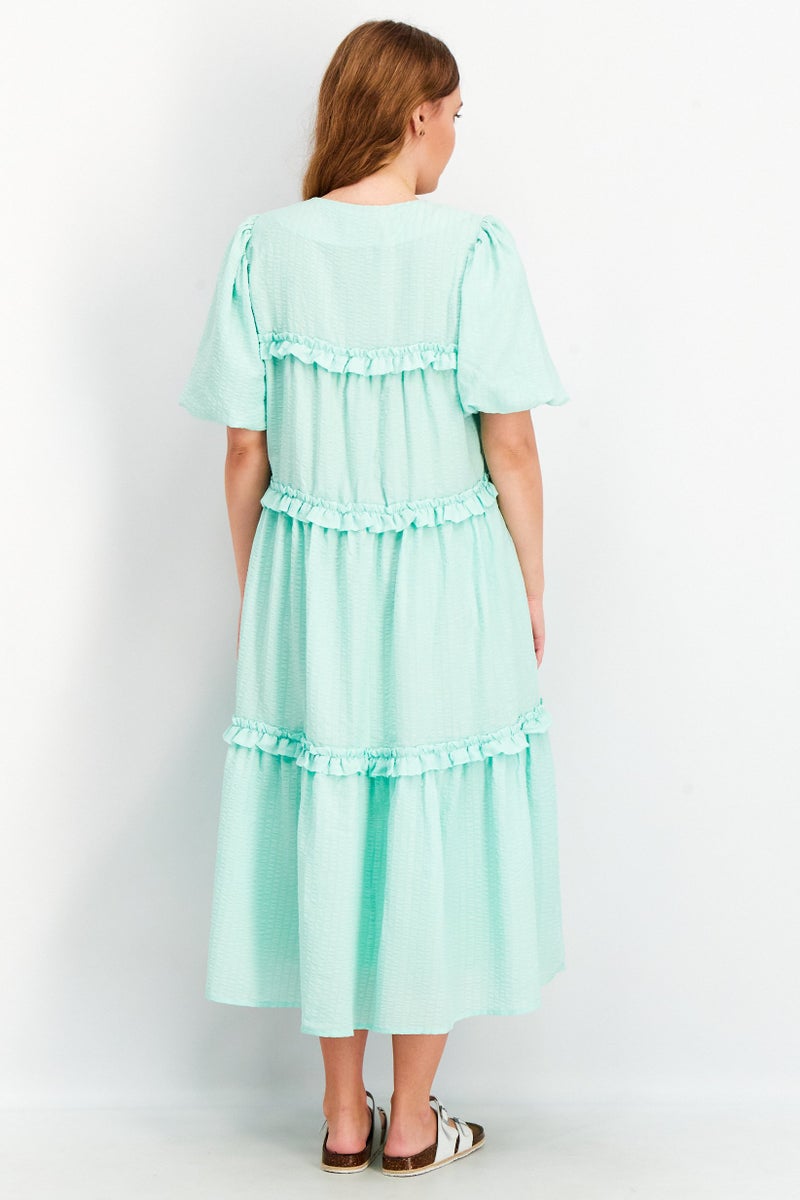 YAS Women Textured Puff Sleeve Midi Dress, Turquoise - Image 2