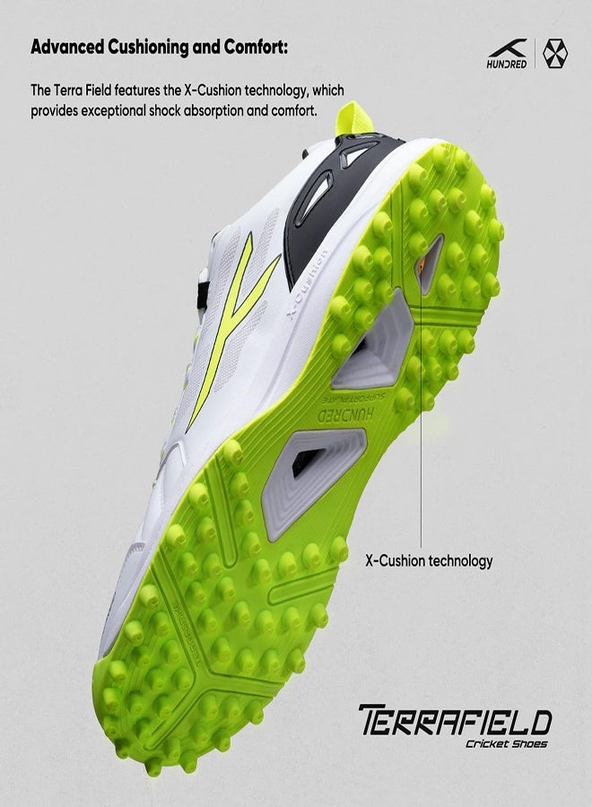 HUNDRED حذاء كريكيت هاندرد تيرافيلد | مسامير مطاطية تيرراسبايك | لوحة دعم مدمجة للثبات | خفيف الوزن ومتين | مثالي للأسطح العشبية والأرضية والأسطح الصلبة أبيض/ليموني/أسود (المقاس 7 المملكة المتحدة) - Image 3