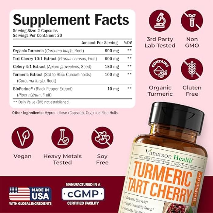Vimerson Health Tart Cherry Capsules – Turmeric Curcumin Supplement with Tart Cherry Extract & Celery Seed Extract – Turmeric Curcumin with Black Pepper for Uric Acid Balance, Joint Health & Sleep Aid - 60 Count - Image 3