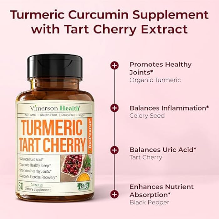 Vimerson Health Tart Cherry Capsules – Turmeric Curcumin Supplement with Tart Cherry Extract & Celery Seed Extract – Turmeric Curcumin with Black Pepper for Uric Acid Balance, Joint Health & Sleep Aid - 60 Count - Image 5